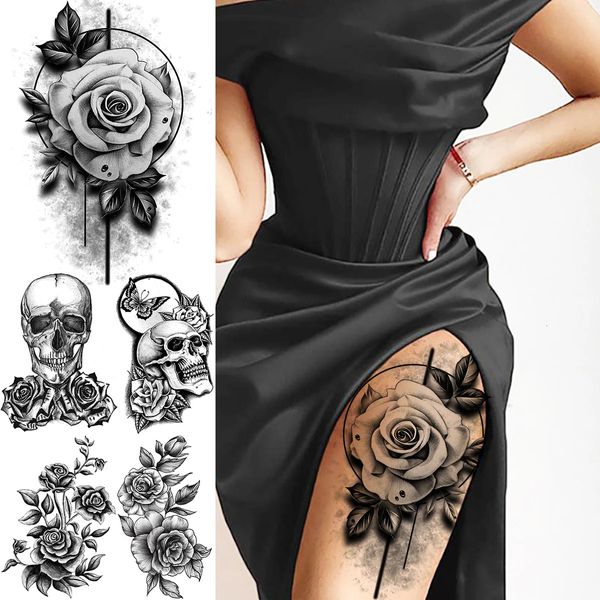 Black Rose Flower Tatouages temporaires sexy pour les femmes adultes cuisse de pivoine Skull réaliste faux tatouage Washable Tatoos autocollant 240423