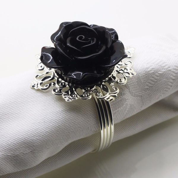 Bague de serviette de rose noire, boucle de serviette pour banquet, mariage, etc., décoration de table, argent