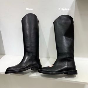 Black Royal Botas altas de tacón bajo con borde curvo, piel de becerro suave, sin cordones, Almond Toes, botas de montar hasta la rodilla, marcas de diseñadores de lujo, zapatos para mujeres, calzado de fábrica