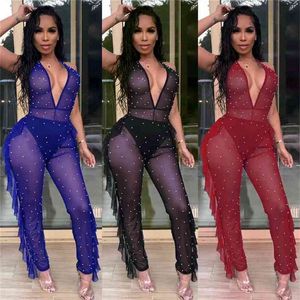 Zwarte Ruche Jumpsuit Dames Parel Kralen Verfraaid Mesh Deep V-hals Mouwloze Playsuit Sexy Backless Party Wide Poot 210517