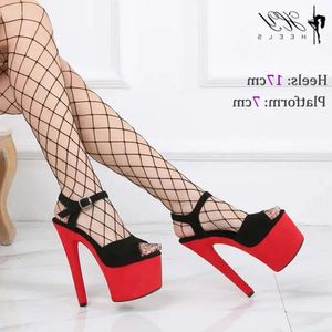 Black S Sandalen Red Suede Platform Vrouwen Pole Dance 17cm Verhoogde Stiletto Heels Open Teen Buckle Beaks Sexy Jumping Shoes Sandaal Heel 91B Riemschoen