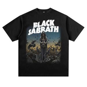 Black Sabbath Metal Rock Band T-shirt à manches courtes imprimé en détresse, épaules amples, Vintage