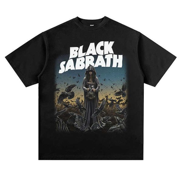 Black Sabbath Metal Rock Band Camiseta de manga corta con estampado desgastado Hombro suelto High Street Vintage