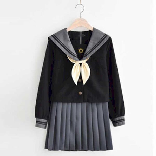 Traje de marinero negro Manga larga Kawaii Girl's JK Uniforme Primavera Otoño Escuela femenina Clase de amor Estilo universitario 210526