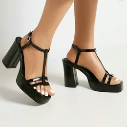 Sandales noires Summer Open blanc Plain Toe T STRAP DÉCHERNER FEMMES Classic Shoes Classic Block High Heels Platform 177 5