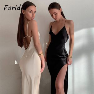 Noir Satin dos nu à lacets robe été femmes soirée Club Maxi longue fente latérale femme élégant Vestidos 210427