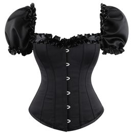 Haut corset overbust en satin noir épais avec col court et manches élastiques bouffantes Lolita Victorian Plastic Bones Shaper Bustiers Plus Size S-6XL