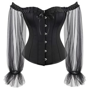 Zwart Satijn Overbust Corset Top met Court Neck and Long Mesh Sleeves Lolita 2022 Nieuwe Victoriaanse stalen botten Shaper Bustiers