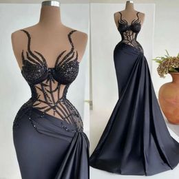 Paillettes satinées noires robes de soirée sirène élégante corsage illusion fête bal balayage plies plies longues pour ocn spécial
