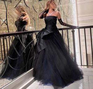 Zwart Saoedi -Arabië Prom Dresses 2023 TULLE SATINE PLATS BOEK Strapless Long Evening Formele jurk Vestidos de Feast