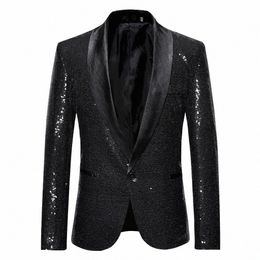 Lentejuelas negras One Butt Shawl Collar Traje Chaqueta Hombres Discoteca Prom Blazer Chaqueta Glitter Traje para hombre Ropa de escenario para cantantes 89Hq #