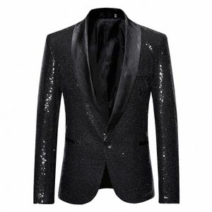 Noir Sequin One Butt Châle Col Costume Veste Hommes Discothèque Prom Blazer Veste Glitter Hommes Costume Scène Vêtements Pour Chanteurs 89Hq #