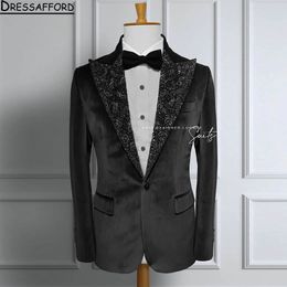 Black à plis à paillettes de deux pièces Men Suit en soirée Party Blazer Groom Wear (veste + pantalon)