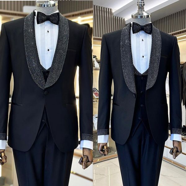 Tuxedos de mariage noir à paillettes pour hommes, châle à revers, tenue de marié, fête d'anniversaire, pantalon, costume 3 pièces, costume de mariage