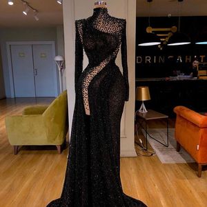 Zwarte pailletten avondjurken Hoge kraag Lange mouw illusie Prom jurken Sexy Split Custom Made Formele Runway Fashion Dress
