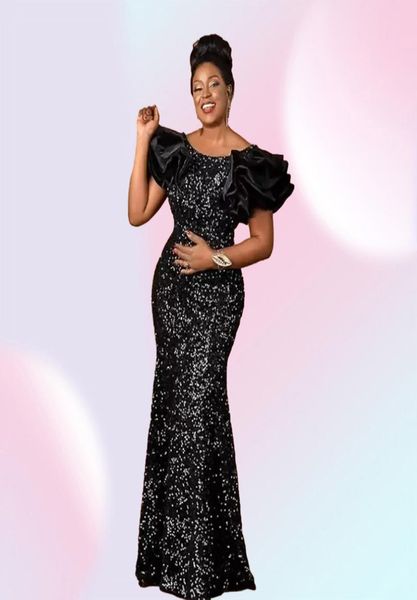 Paillettes noires sirène robes de soirée de bal pour arabe Aso Ebi style 2022 épaule dénudée grande taille balayage train robes de soirée V6458942