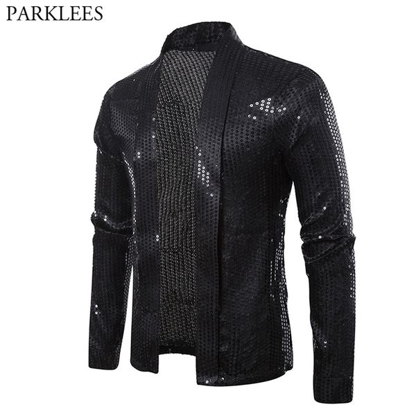 Paillettes noires rue Cardigan Blazer hommes Disco danseur Club fête veste mâle décontracté Hip Hop Swag vêtements pour Hipster 220819