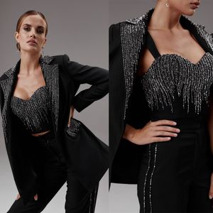 Costume pantalon à paillettes noires pour femmes, ensemble Blazer coupe cintrée pour filles, veste ample 3 pièces sur mesure pour fête, bal, tenue de mariage