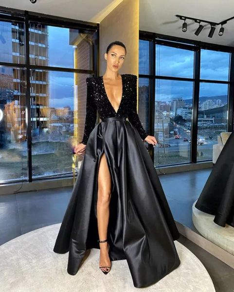 Noir Sexy Bling Split Side Robes Africaines Manches Longues Col En V Paillettes Top Une Ligne Spécial Ocn Robes De Bal Robes De Soirée estidos