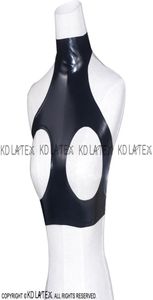 Zwarte sexy latex crop top tanks met knoppen bij rug rubber beha lingerie hoge kraag 00035766880