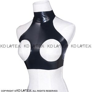 Zwarte Sexy Latex Crop Top-tanks met knopen aan de achterkant Rubberen beha Lingerie Hoge kraag 0003257n