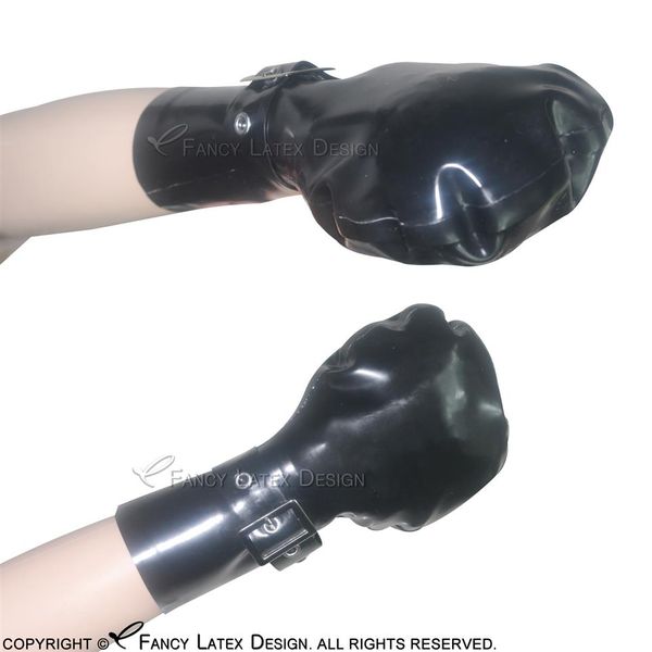 Accessoires de déguisement de gants en Latex Sexy noir avec boucles de ceinture mitaines en caoutchouc de Bondage fétiche grande taille 0002303B