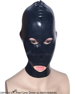 Zwarte sexy latex kap vetersluiting aan de achterkant met ogen mond neusgaten open rubberen masker 00429478066