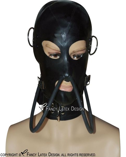Capucha de látex sexy negra con cremallera con los ojos vendados en el tubo de respiración posterior en la boca abierta Ojos de la nariz de la nariz de goma 01125726016