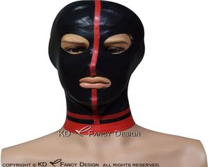 Capucha de látex sexy negra con rayas rojas en la máscara de goma media talla grande 01999555568