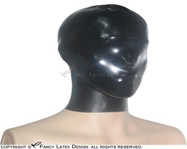 Capucha de látex sexy negra sin cremallera con máscara de goma de goma abierta de cuello redondo de talla grande.