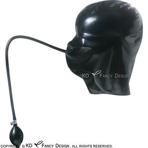 Accessoires de Costume de capots en Latex Sexy noirs avec masques et Tubes en caoutchouc de boule de bouche gonflable pompe à main grande taille 0049228S