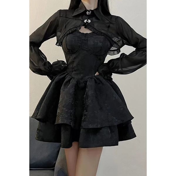 Negra sexy lolita dres gótica vintage harajuku halloween cosplay trajes manga larga vestimenta de dos piezas 240402