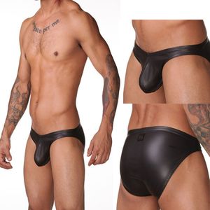 Zwart Sexy Mannen Ondergoed Kunstleer Bodycon Slipje Lage Taille Slips Verpakt Thongs Mannelijke Exotische Onderbroek