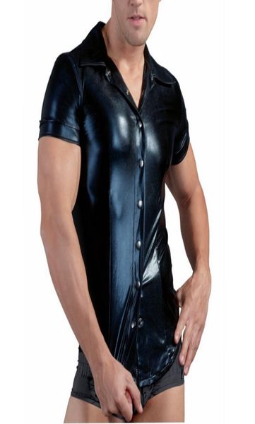 Black Sexy Mens Soft Leather Police Police Uniforme Shirts Tops avec Snap Down Collar Novelty et Eleging Short à manches courtes Uniform9073909