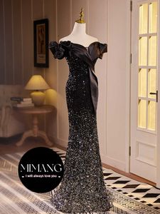 Zwart sexy zeemeermin rok pailletten high-end licht luxe batau avondjurk voor dames banket high-end high-end