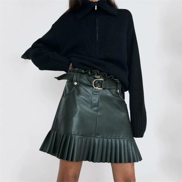 Minifaldas sexy negras para mujer, falda elegante con volantes de cintura alta, fajas vintage, faldas de piel sintética, falda plisada coreana T200324