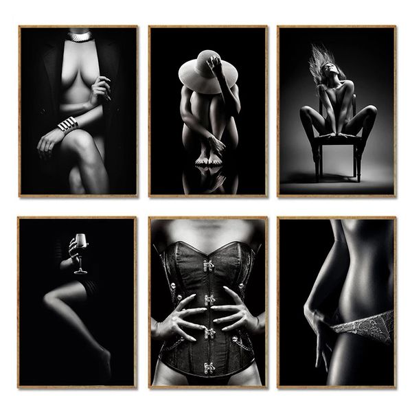 Black Sexy Nude Women Figura de lona Carteles y estampados Modern Wall Art Fotografías Cuadros Sala de estar Decoración del hogar sin marco