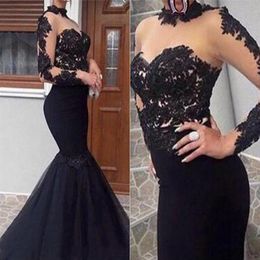 Vestidos De graduación negros sexis, apliques De encaje De sirena, satén africano, largo estilo ilusión, vestido De graduación, vestidos De noche, bata De noche 322P