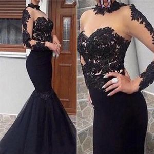 Zwart sexy prom jurken zeemeermin kanten appliques satijn Afrikaanse lange illusie stijl prom jurk avondjurken robe de soireee322p