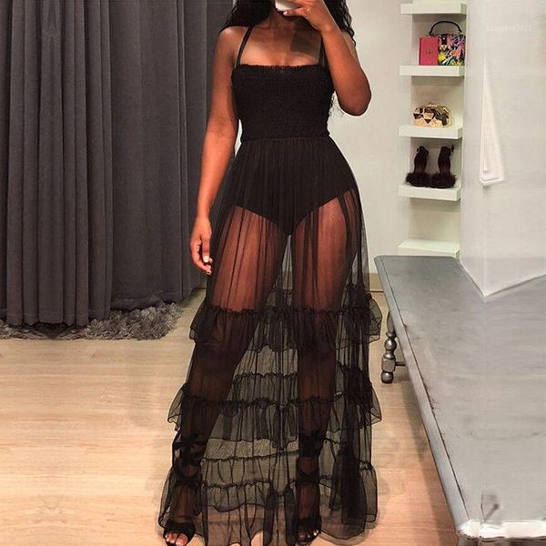 Robes décontractées noir Sexy voir à travers maille transparente Maxi robe femmes sans manches Spaghetti sangle longue à volants fête Club Wear1