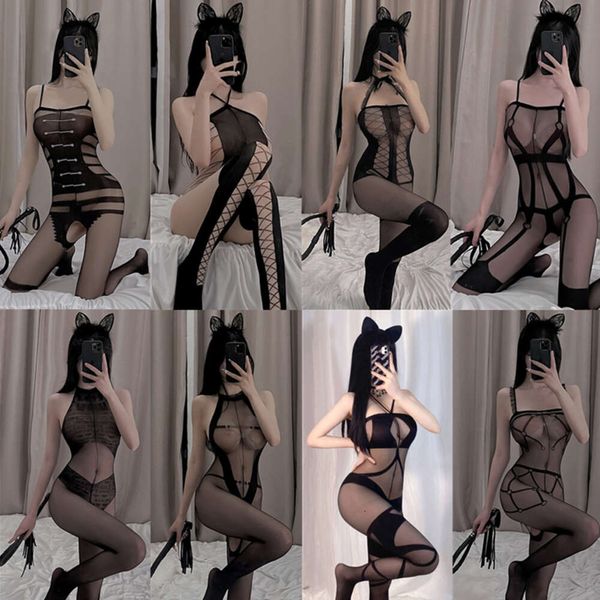 Bas noirs transparents et Sexy pour femmes, Body érotique à entrejambe ouvert, Costumes de Cosplay