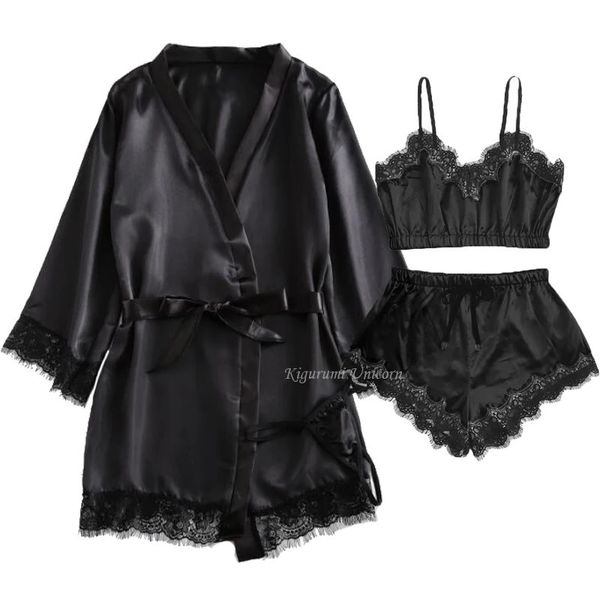 Black Sexy Womens Pyjamas Satin 4 pièces en dentelle Silk Tops Shorts Robe Set Nightgown Underwear Nightdress Suit 240326