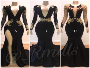 Black Sheer V Neck Prom -jurken Split Side High Mermaid Lange mouwen Zwart met gouden kanten applique avondjurken formals slijtage spec1355699