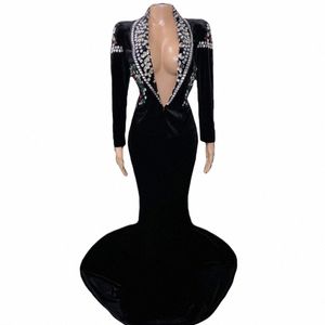 Noir brillant cristal Swan Veet Sexy col en V profond Lg Dr pour les femmes soirée bal vêtements scène chanteur Costume Banquet Wear q7VL #