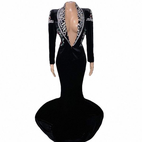Noir brillant cristal Swan Veet Sexy col en V profond Lg Dr pour les femmes soirée bal vêtements scène chanteur Costume Banquet Wear q7VL #