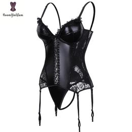 Zwarte shinny dames steampunk gotisch kanten korset faux lederen bh bustier lingerie plus size sxxxxxxl 220812