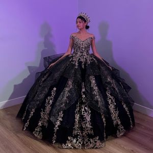 Zwart Glanzende Baljurk Quinceanera Jurk Uit De Schouder Gouden Kant Applique Tull Corset Vestidos De 15 Anos