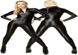 Black Shiny Lycra Metallic Catsuit Costume Front Zipper Unisex Sexy Bodysuit Costumes Outfit No HeadHand Halloween Party Fancy Dr21431601