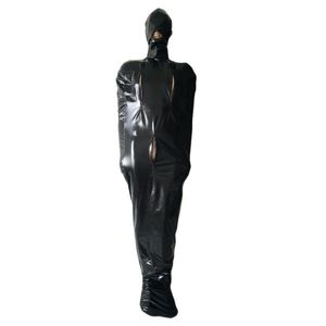 Costumes de momie métallisés noirs brillants Sac de couchage avec manches intérieures Sexy Catsuit avec entrejambe et fermeture à glissière sur la poitrine Halloween Cosplay