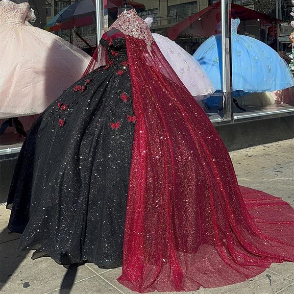 Robe de princesse noire brillante quinceanera, bretelles, nœud perlé, épaule dénudée, avec cape rouge, robe de soirée 15e, appliques, robe douce 16